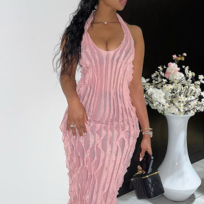 Women's Solid Color Backless Deep V Pleated Dress