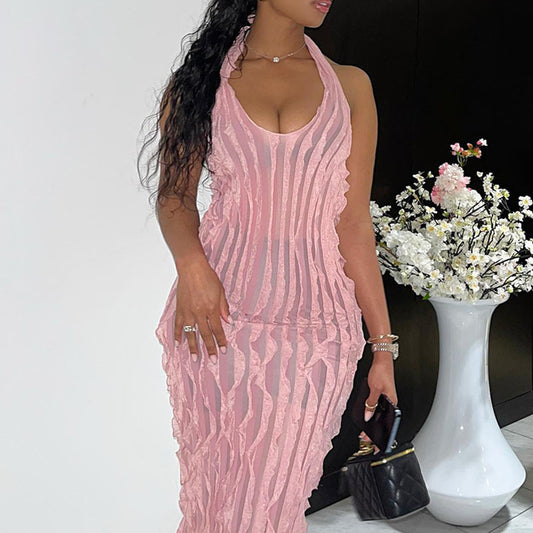 Women's Solid Color Backless Deep V Pleated Dress