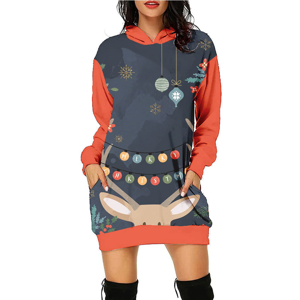 Women's Fashion Printed Christmas Holiday Party Sweatshirt Dresses