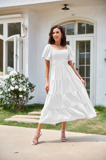 Square Collar Backless Puff Sleeve Pleated Short Sleeves Dress