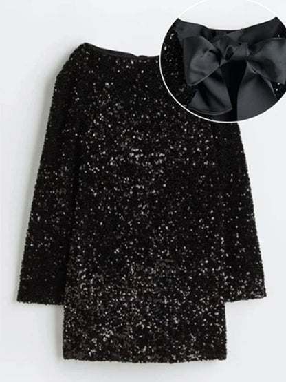 Sequined Back-Bowed Dress Fashion Round Neck Long Sleeve Dresses For Party Daily Shopping Women