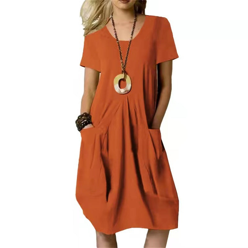 Cotton And Linen Solid Color Loose Round Neck Short Sleeve Dress