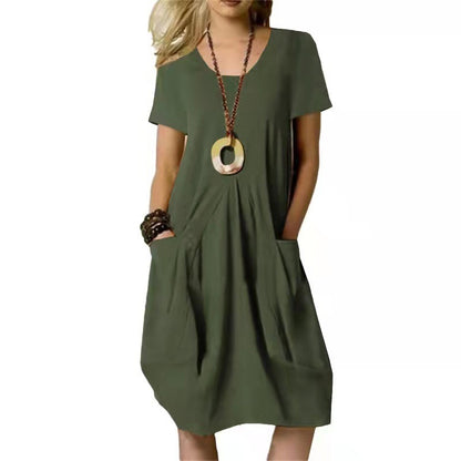 Cotton And Linen Solid Color Loose Round Neck Short Sleeve Dress