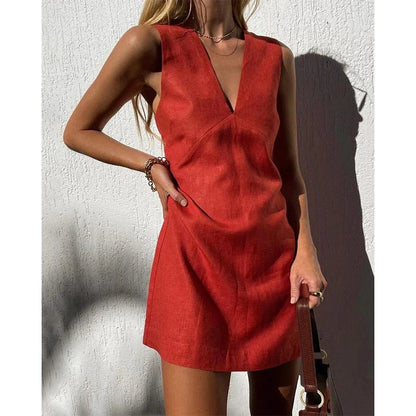 V-neck Cotton And Linen Sleeveless Dress Women's Solid Color Vest Short Skirt