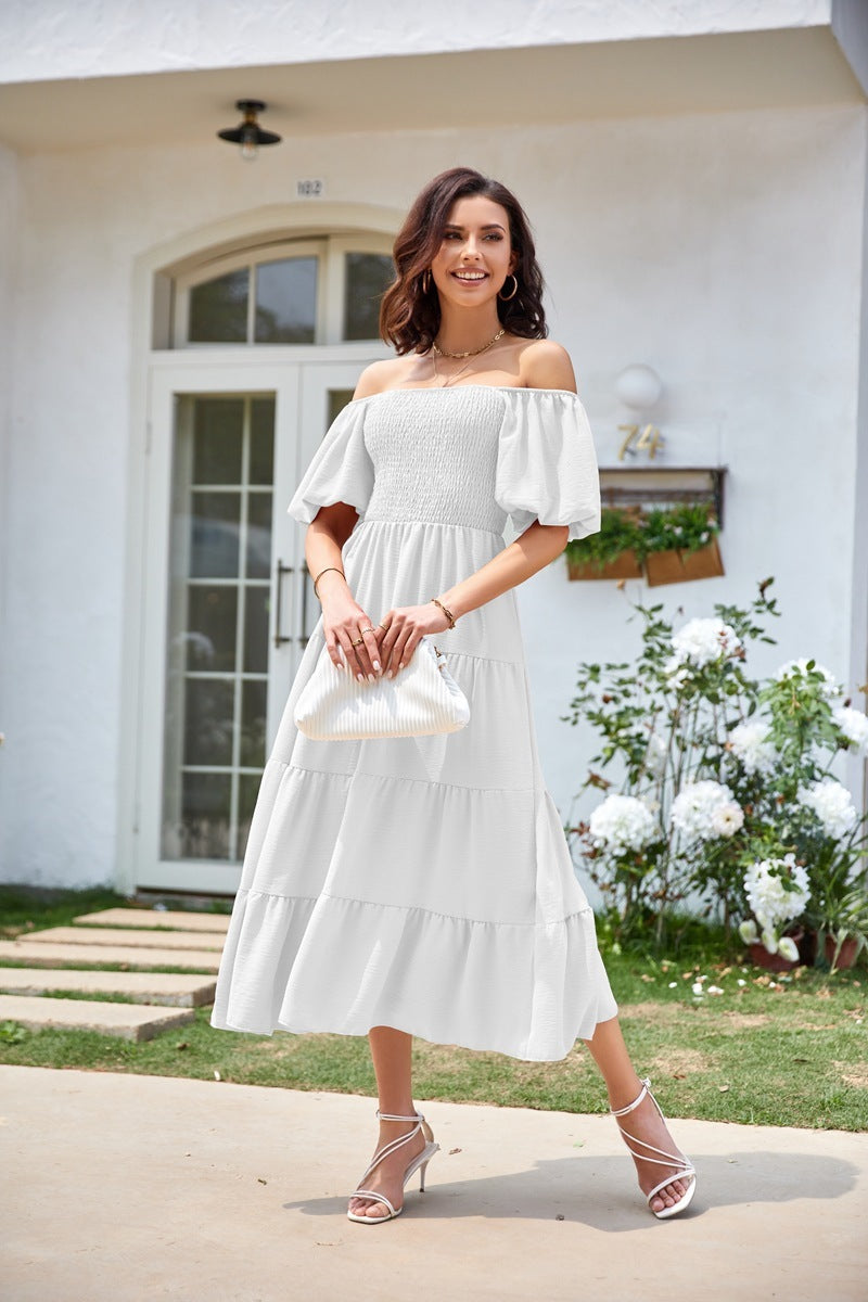 Square Collar Backless Puff Sleeve Pleated Short Sleeves Dress