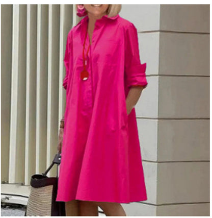 Ladies Shirt Long Sleeve Solid Color Simple Mid Length Dress