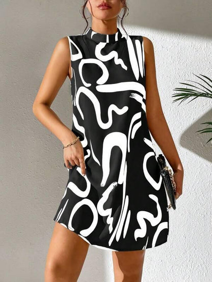 European And American Printed Stand Collar Dress