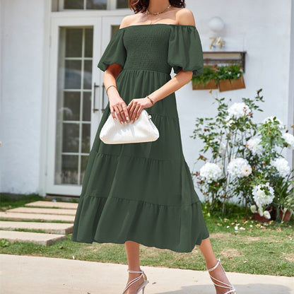 Square Collar Backless Puff Sleeve Pleated Short Sleeves Dress