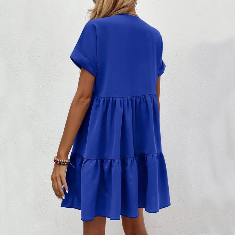 New Short-sleeved V-neck Dress Summer Casual Sweet Ruffled Dresses Solid Color Holiday Beach Dress For Womens Clothing