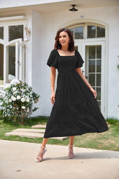 Square Collar Backless Puff Sleeve Pleated Short Sleeves Dress