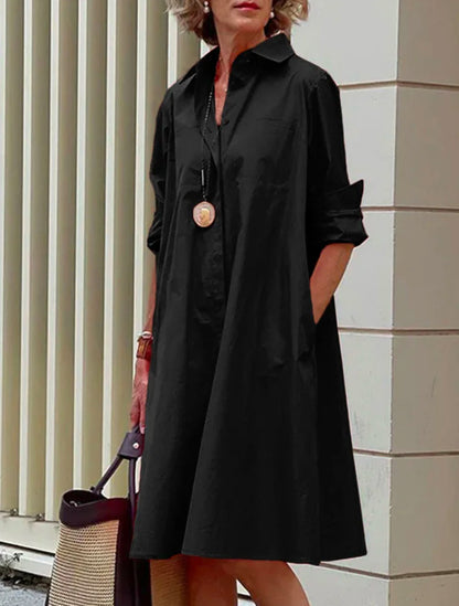 Ladies Shirt Long Sleeve Solid Color Simple Mid Length Dress