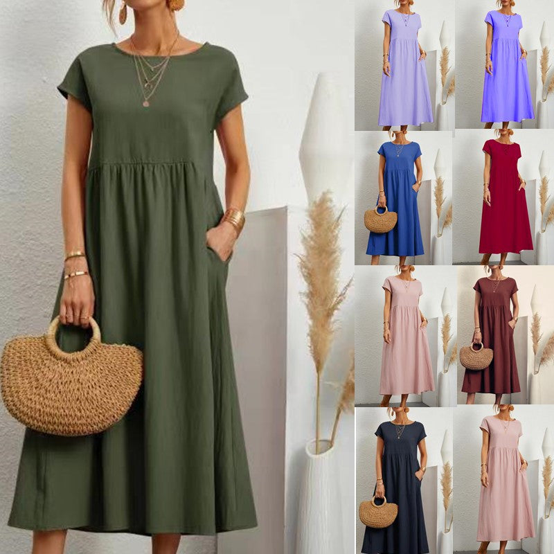 European And American Solid Color Sleeveless Loose Cotton Linen Pocket Dress