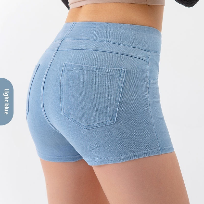 High Waist Hip Lift Yoga Denim Shorts Women's High Elastic Sports Fitness Shorts