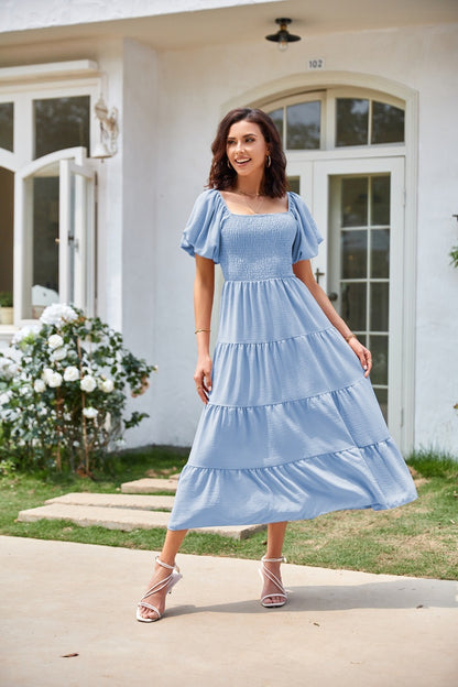 Square Collar Backless Puff Sleeve Pleated Short Sleeves Dress