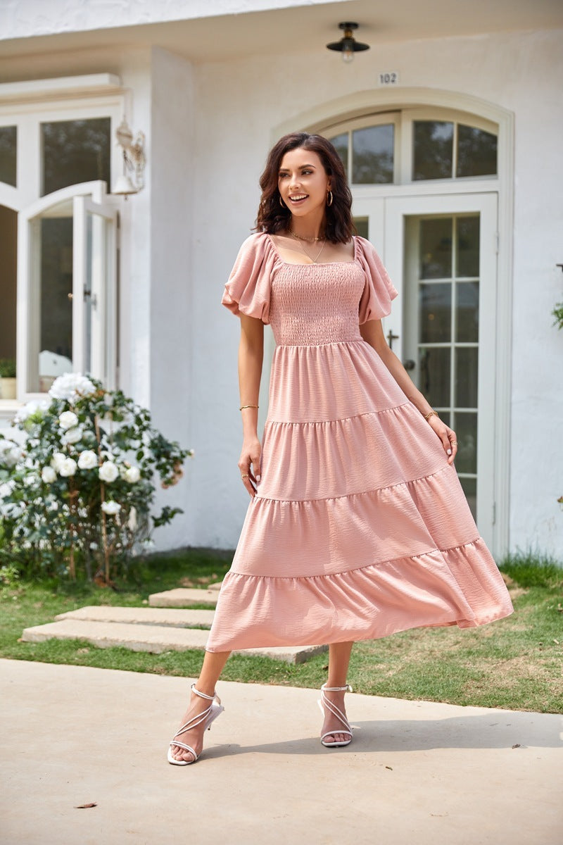 Square Collar Backless Puff Sleeve Pleated Short Sleeves Dress