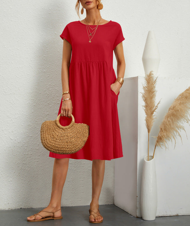 OL Temperament Women's Cotton Round Neck A-line Skirt Dress