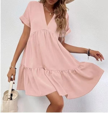 New Short-sleeved V-neck Dress Summer Casual Sweet Ruffled Dresses Solid Color Holiday Beach Dress For Womens Clothing