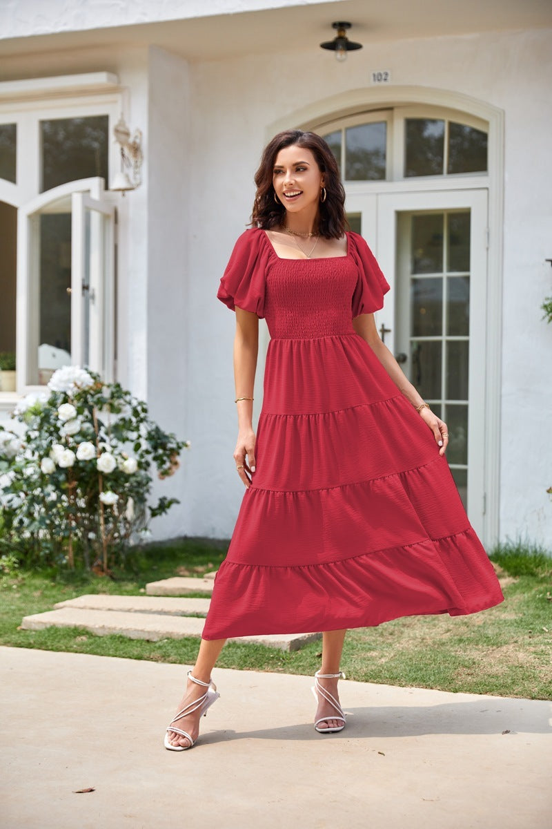 Square Collar Backless Puff Sleeve Pleated Short Sleeves Dress