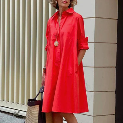 Ladies Shirt Long Sleeve Solid Color Simple Mid Length Dress