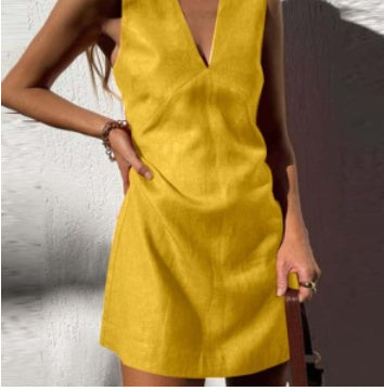 V-neck Cotton And Linen Sleeveless Dress Women's Solid Color Vest Short Skirt