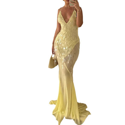 Sexy Sling Backless Slim Fit Sequin Fishtail Gown Long Dress