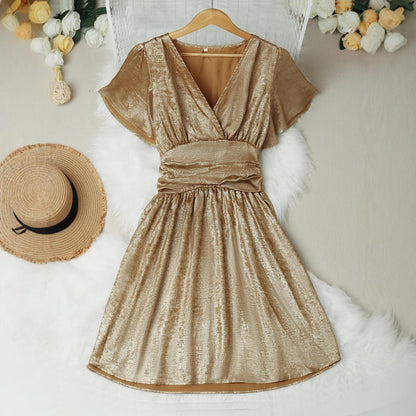 Summer New Metal Texture Deep V-neck Ruffle Solid Color Smocking Dress