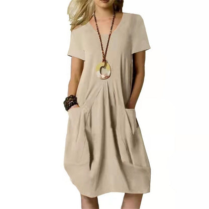 Cotton And Linen Solid Color Loose Round Neck Short Sleeve Dress