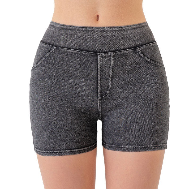 High Waist Hip Lift Yoga Denim Shorts Women's High Elastic Sports Fitness Shorts