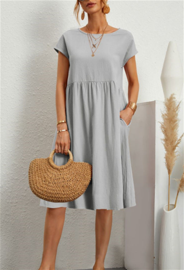 OL Temperament Women's Cotton Round Neck A-line Skirt Dress