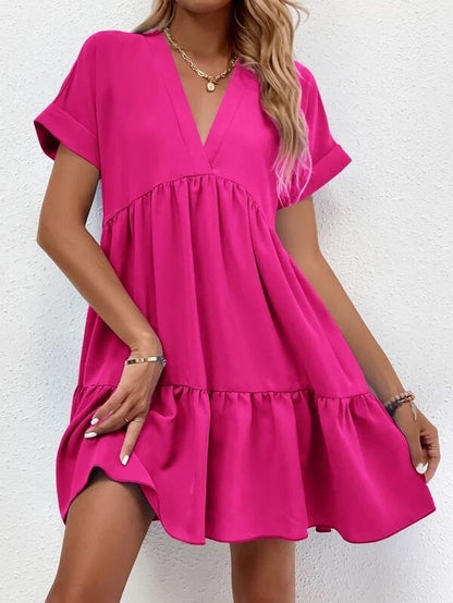 New Short-sleeved V-neck Dress Summer Casual Sweet Ruffled Dresses Solid Color Holiday Beach Dress For Womens Clothing