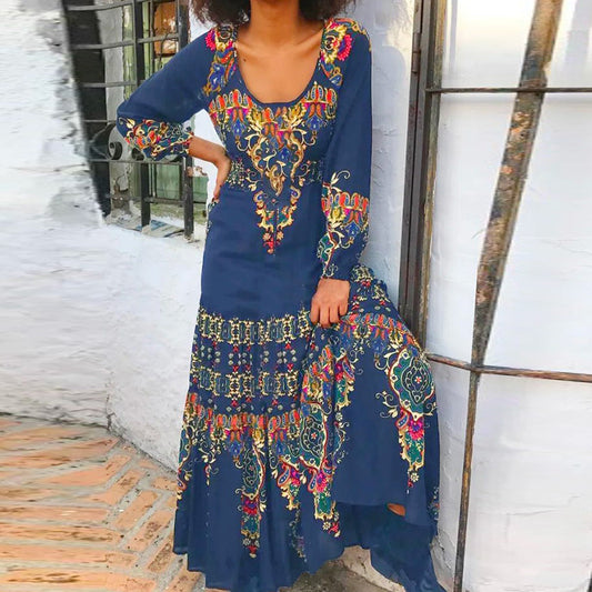 Summer Print Pullover Round Neck Mid-waist Temperament Commuter Dress