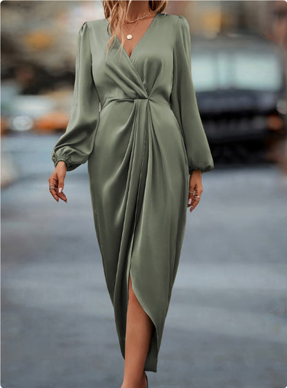 Temperament Pure Color Waist-tight Split V-neck Dress Women