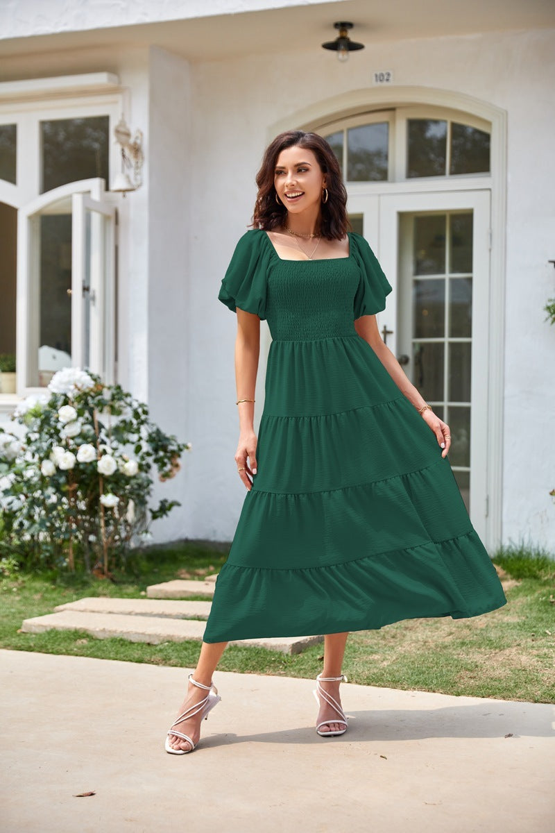 Square Collar Backless Puff Sleeve Pleated Short Sleeves Dress