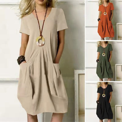 Cotton And Linen Solid Color Loose Round Neck Short Sleeve Dress