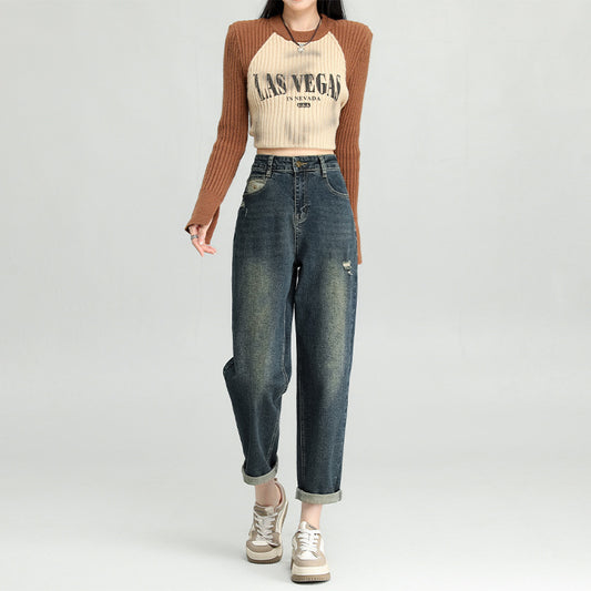 Water Washed Hole Harem Jeans Women