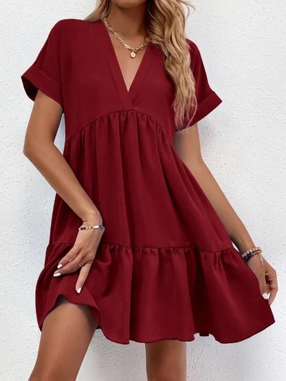 New Short-sleeved V-neck Dress Summer Casual Sweet Ruffled Dresses Solid Color Holiday Beach Dress For Womens Clothing