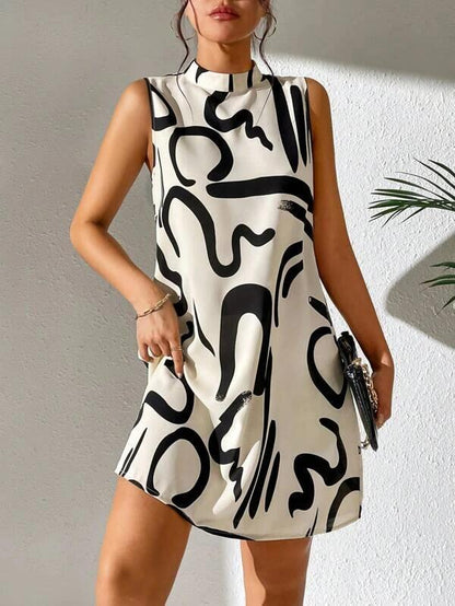 European And American Printed Stand Collar Dress