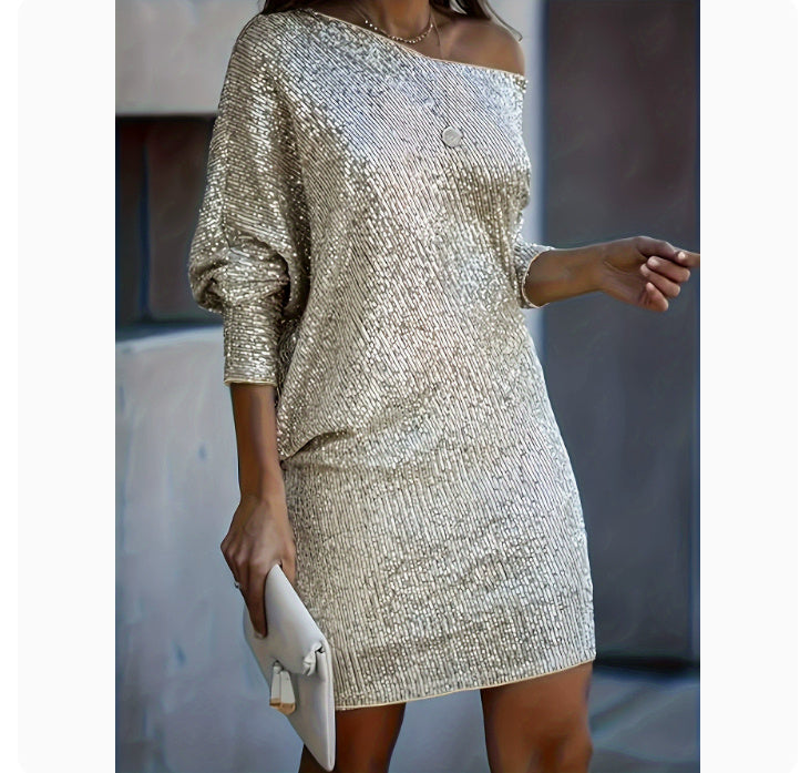 Fashion Oblique Shoulder Sequins Dress Ins Long-sleeved Dresses For Party Women's Clothing