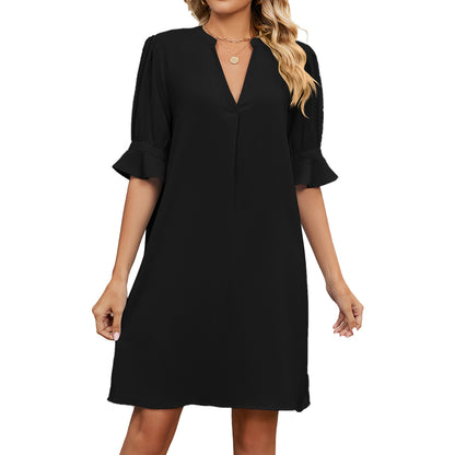 European American Summer New Solid Color And V-neck Loose Pleated Half-length Sleeve Dress